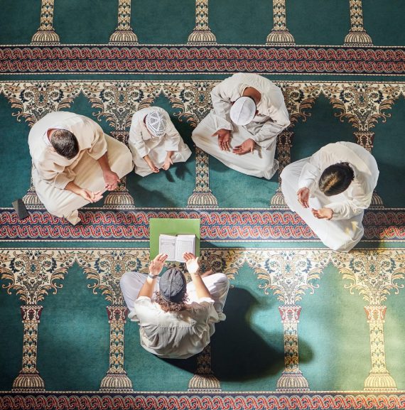 Above mosque carpet, group and quran for faith, religion and prayer for gratitude, peace or mindful