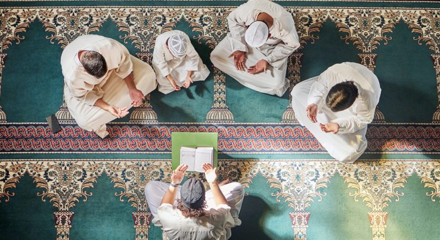 Above mosque carpet, group and quran for faith, religion and prayer for gratitude, peace or mindful